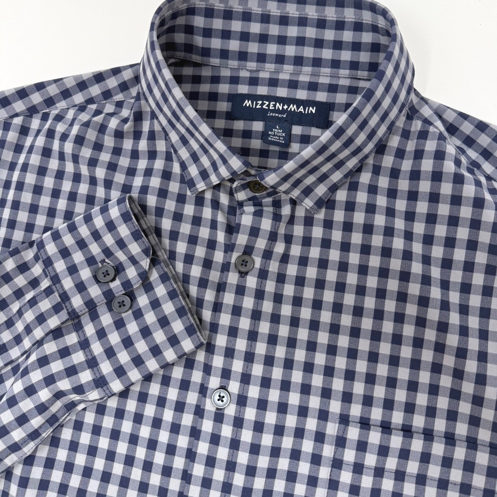Mizzen + Main Leeward Trim Fit No Tuck Gingham Performance Shirt Mens Large Navy